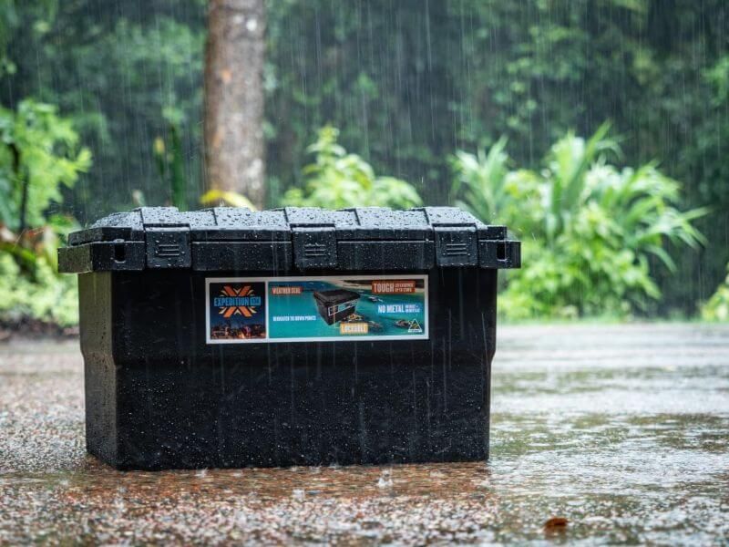 waterproof camper trailer storage box in the rain